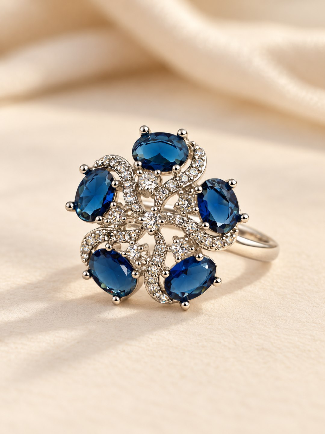 Blue Oval Stone Floral Ring - Silver Plated - alternate view