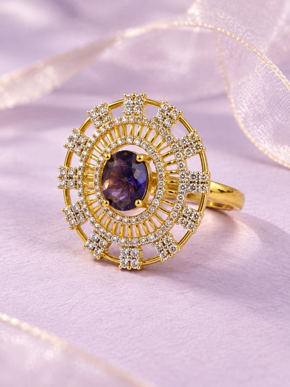 Purple Center Stone Baguette Halo Ring - Gold Plated