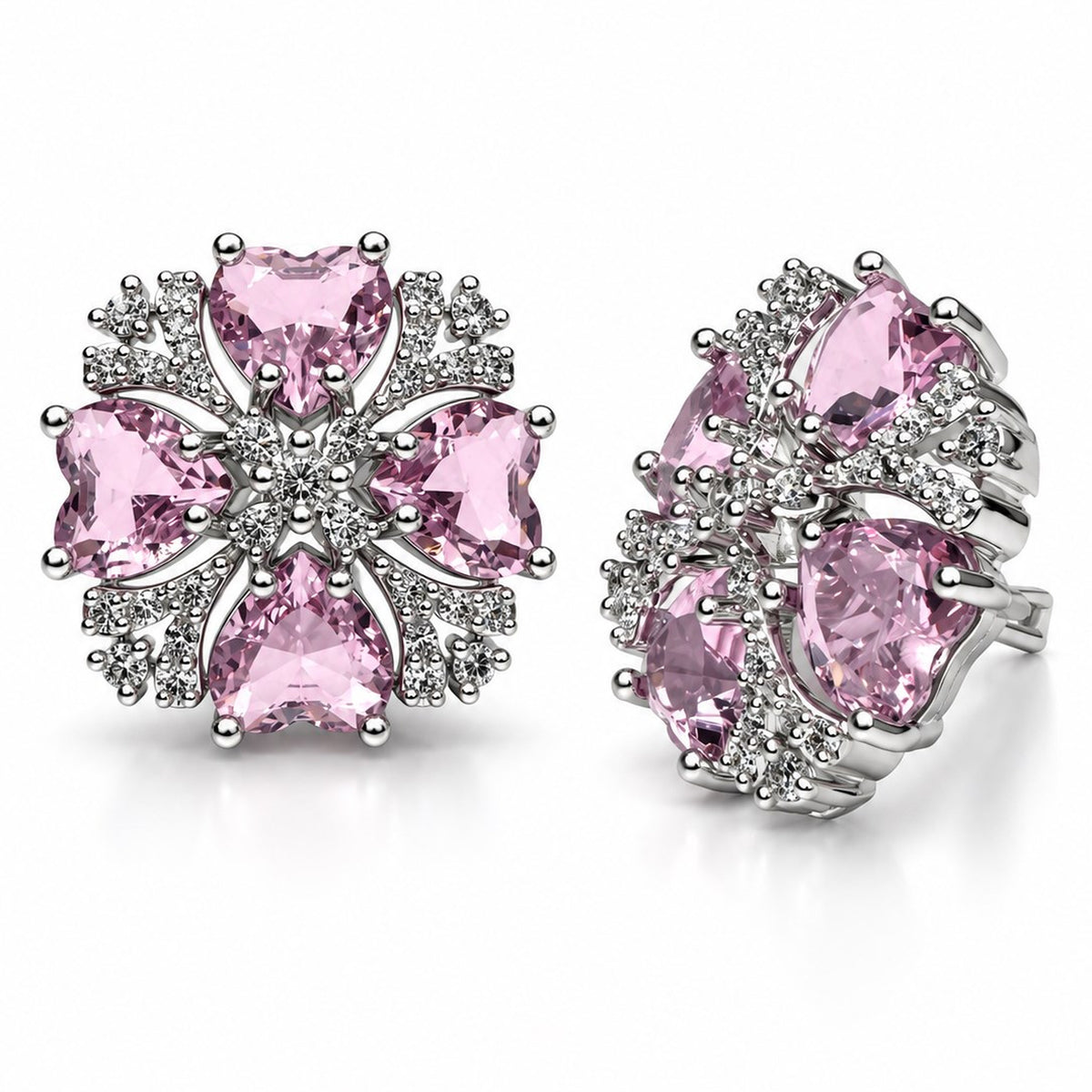 Pink Heart Stone Floral Stud Earrings in silver plating