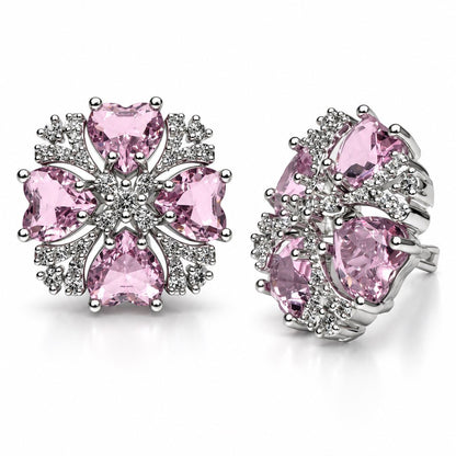 Pink Heart Stone Floral Stud Earrings in silver plating