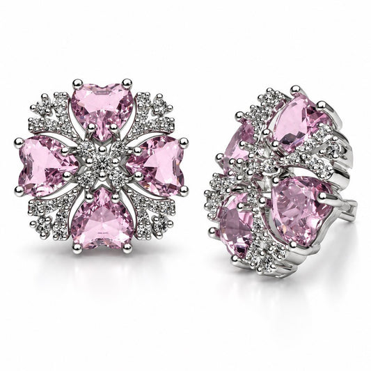 Pink Heart Stone Floral Stud Earrings in silver plating