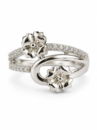 Clear Twin Flower Bypass Ring - Silver Plated