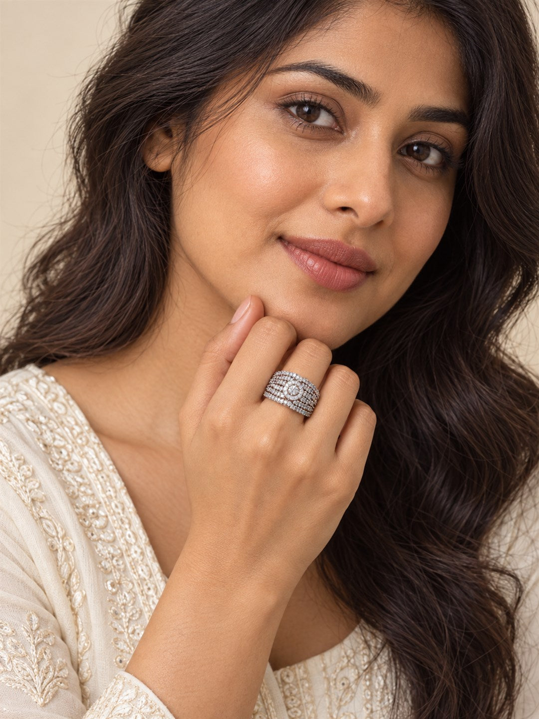 Clear Wide Pave Halo Band Ring - Silver Plated