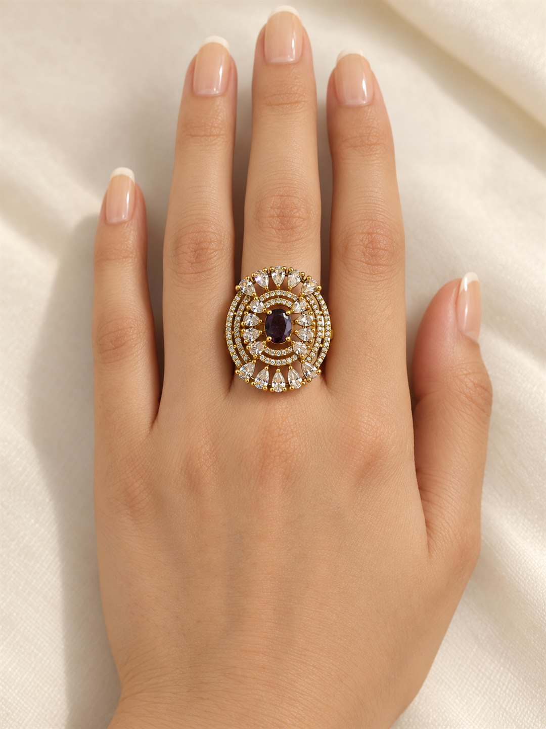 Purple Stone Oval Teardrop Halo Ring - Gold Plated, model close-up