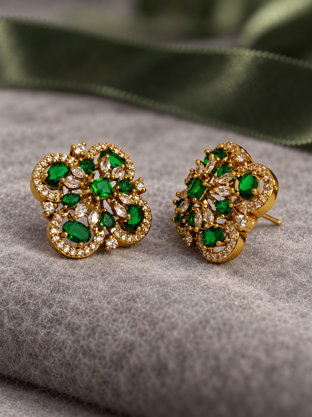 Green Four Petal Oval Stone Stud Earrings - Gold Plated