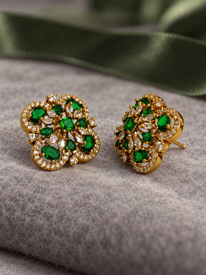 Green Four Petal Oval Stone Stud Earrings - Gold Plated