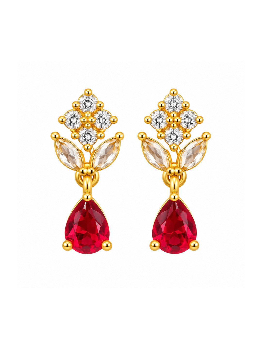 Red Teardrop Floral Drop Earrings - Gold Plated, additional view 2