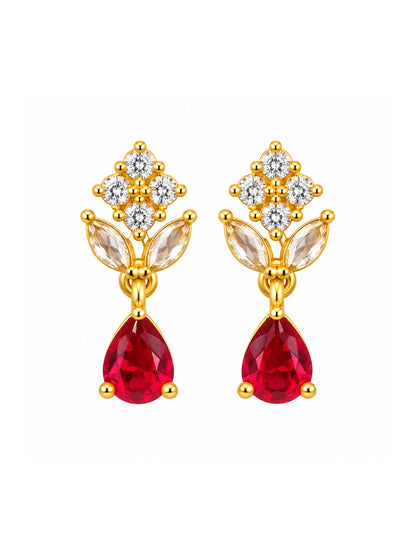 Red Teardrop Floral Drop Earrings - Gold Plated, additional view 2