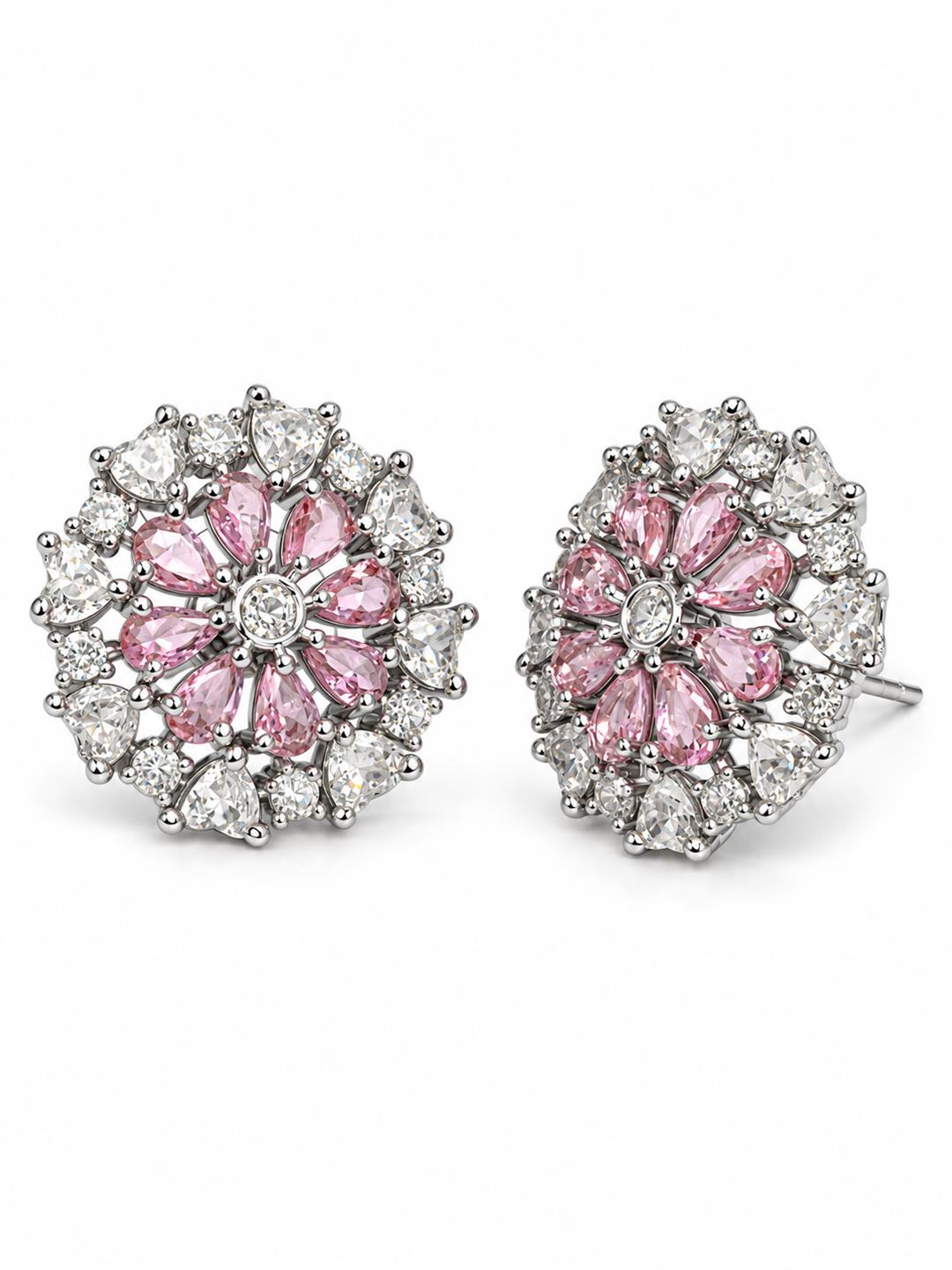 Pink heart-petal flower silver-plated stud earrings