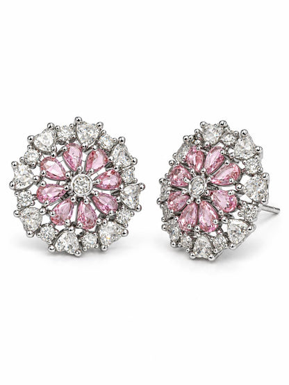 Pink heart-petal flower silver-plated stud earrings