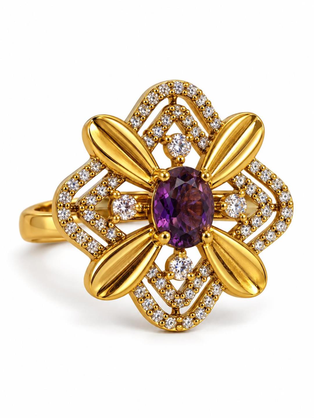 Purple Stone Four Petal Floral Ring - Gold Plated, additional view 1