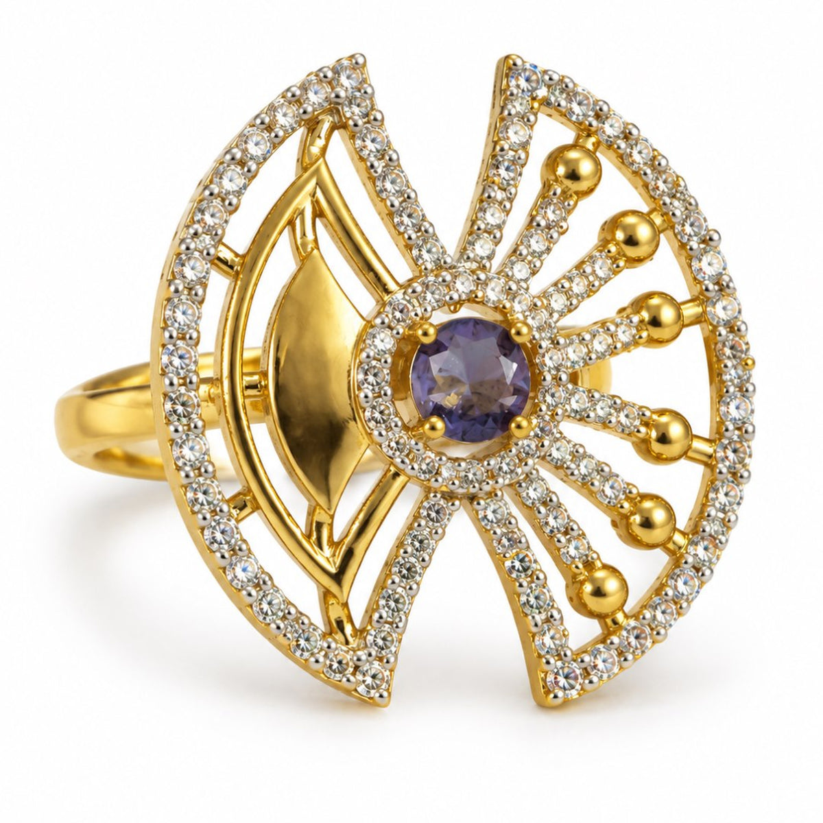 Purple Center Stone Fan Motif Ring - Gold Plated
