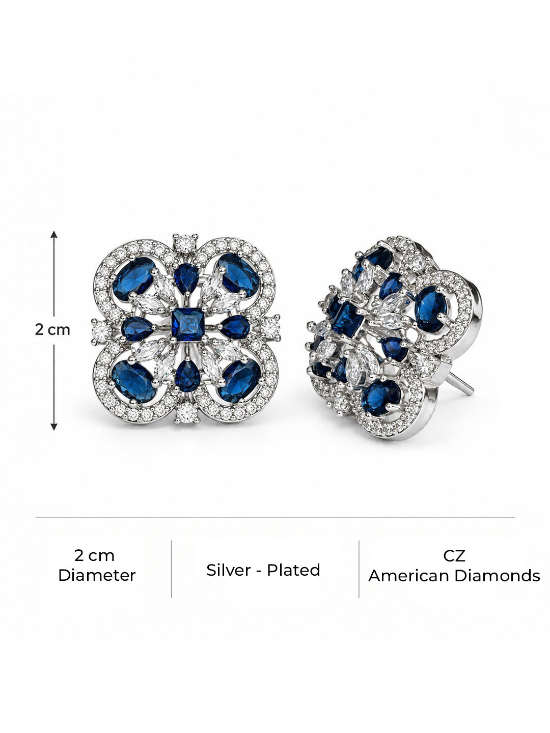 Blue four-leaf clover halo silver-plated stud earrings