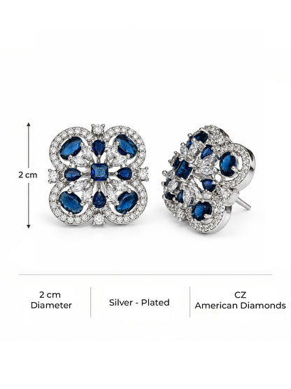 Blue four-leaf clover halo silver-plated stud earrings