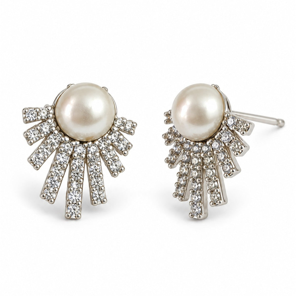 White Pearl-Effect Sunray Fan Stud Earrings, silver plated
