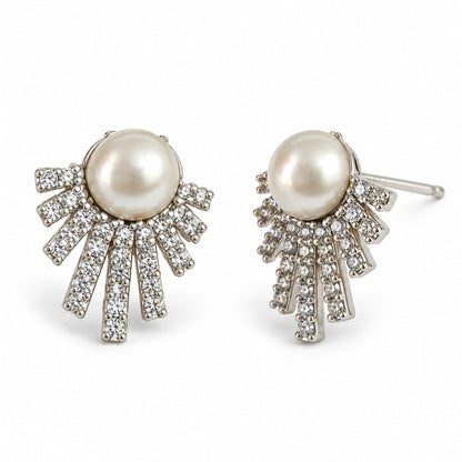 White Pearl-Effect Sunray Fan Stud Earrings, silver plated