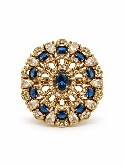 Blue Stone Ornate Floral Cluster Ring - Gold Plated, additional view 4