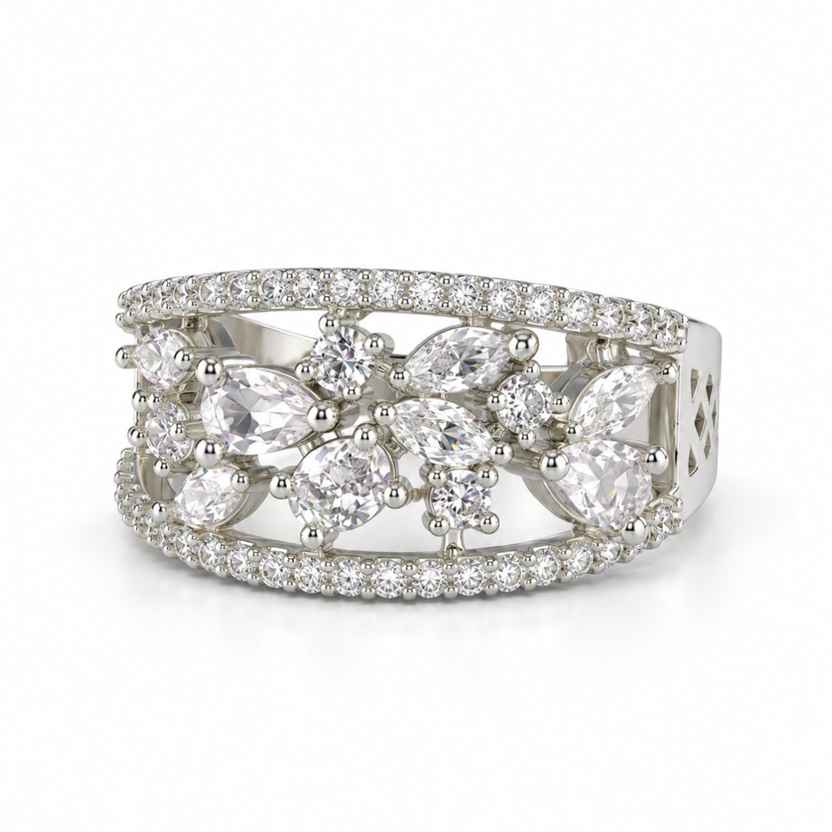 Clear Marquise Floral Band Ring - Silver Plated