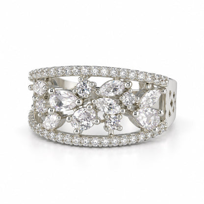 Clear Marquise Floral Band Ring - Silver Plated