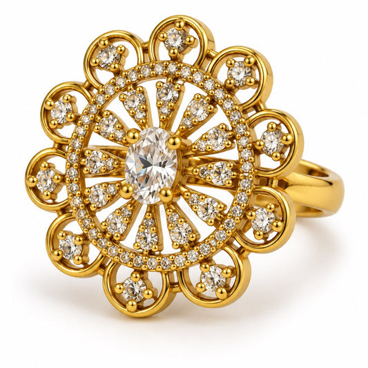 Clear Stone Scalloped Floral Ring - Gold Plated, product view
