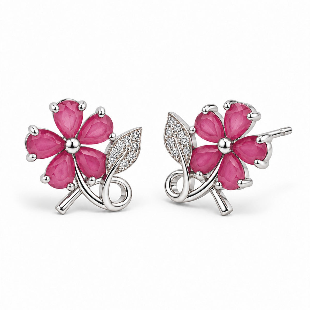 Pink Flower and Leaf Stud Earrings, silver plated