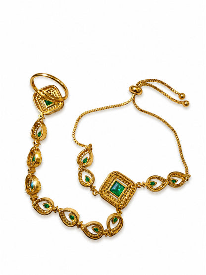 Green Square Halo and Teardrop Hathphool - Mehndi Plated