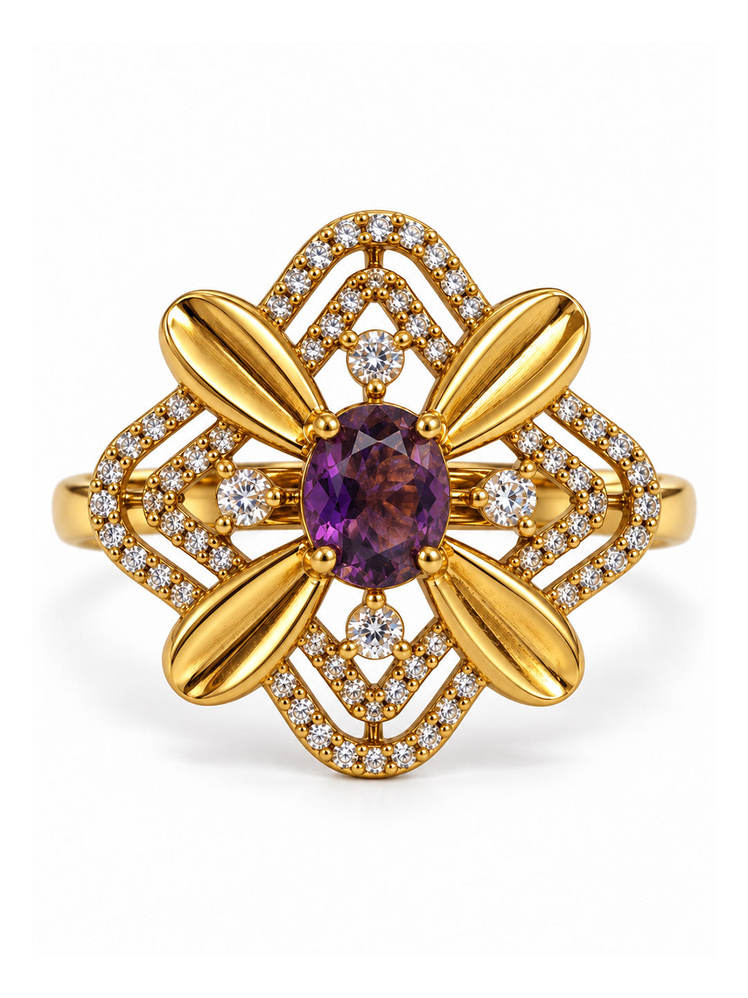 Purple Stone Four Petal Floral Ring - Gold Plated, additional view 7