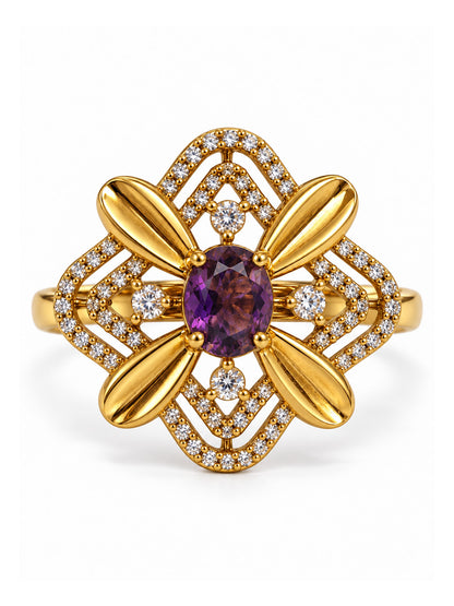 Purple Stone Four Petal Floral Ring - Gold Plated, additional view 7