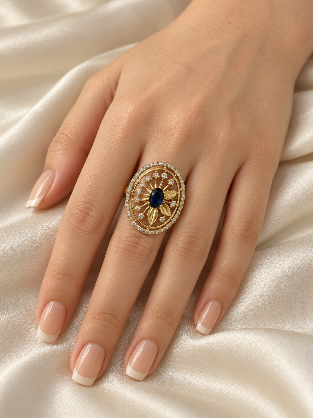 Blue Stone Oval Sunburst Ring - Gold Plated, model close-up
