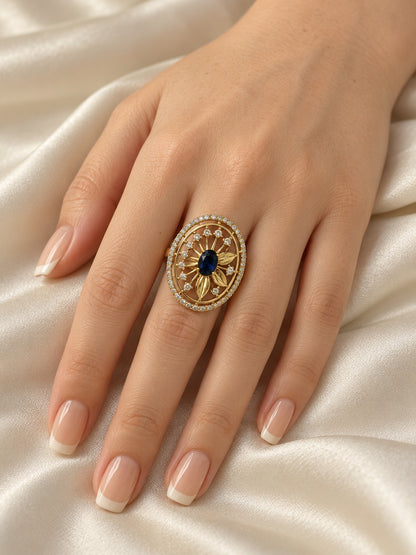 Blue Stone Oval Sunburst Ring - Gold Plated, model close-up