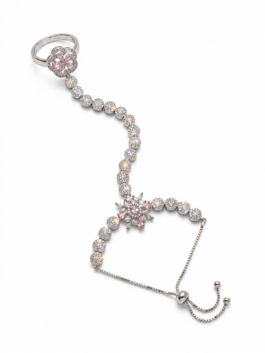 Pink silver-plated floral round-stone chain hathphool