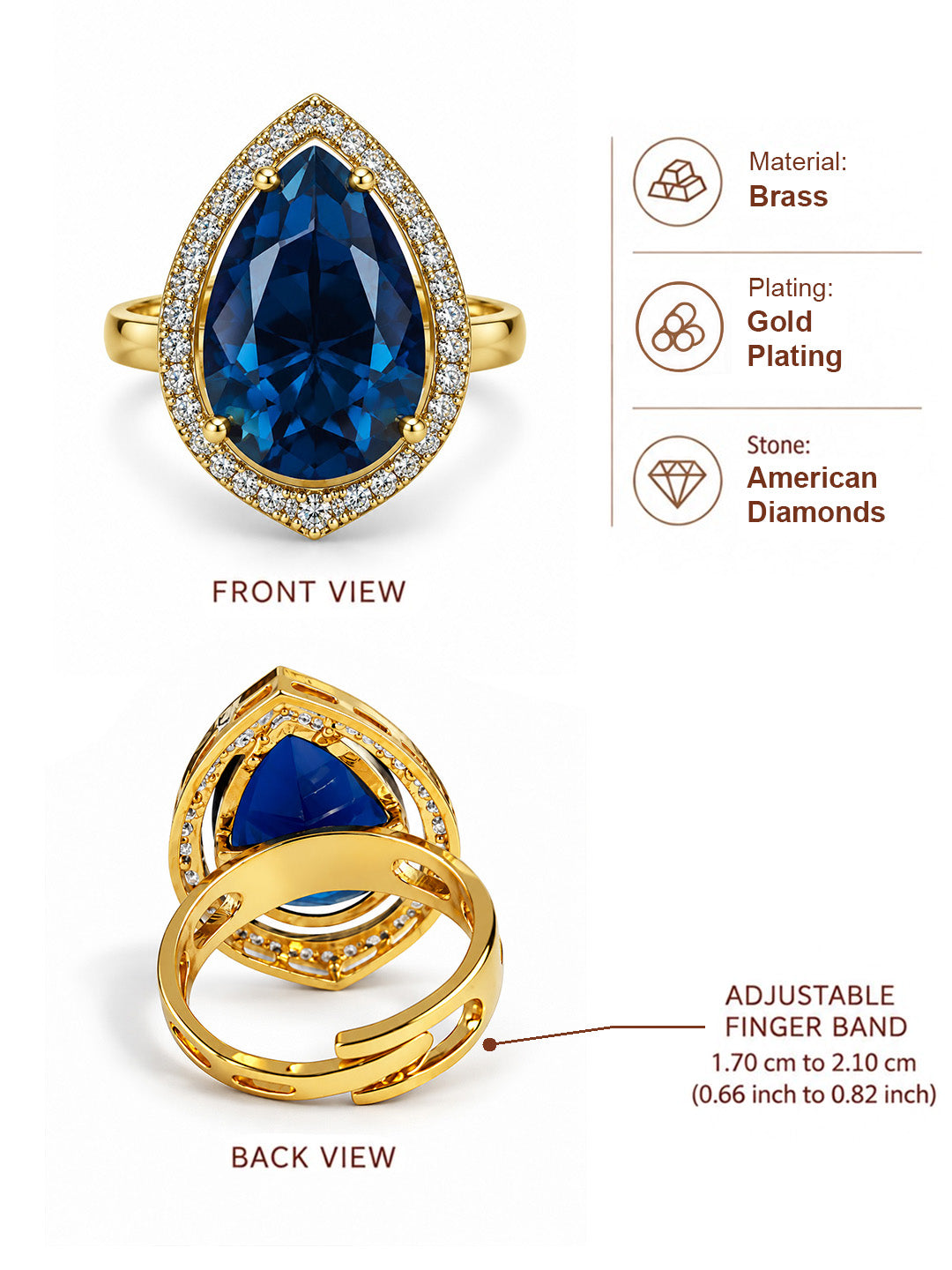 Blue Pear Stone Halo Ring - Gold Plated, additional view 5