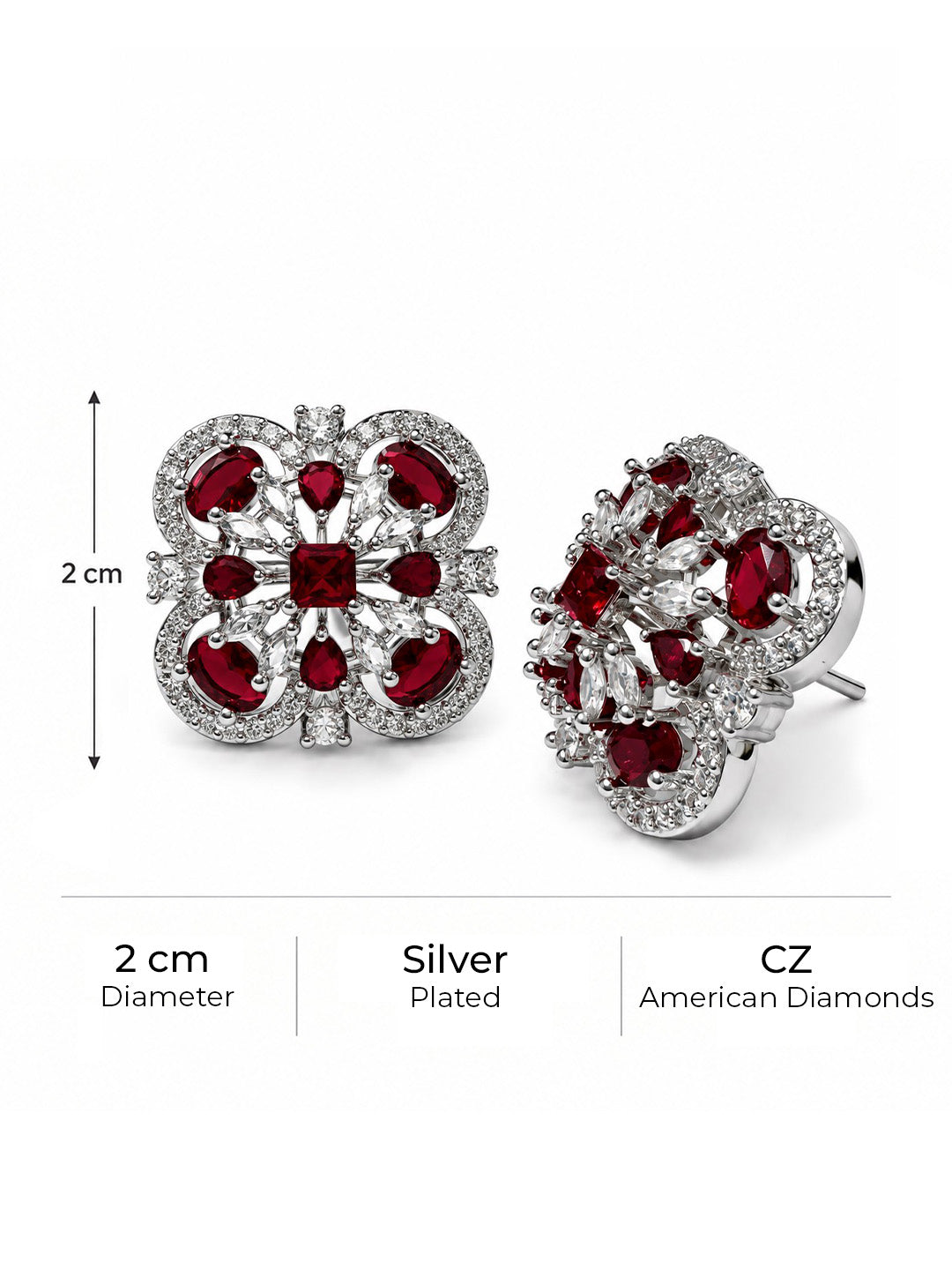 Red Scrollwork Floral Stud Earrings in silver plating