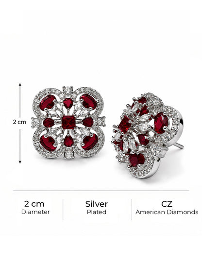 Red Scrollwork Floral Stud Earrings in silver plating