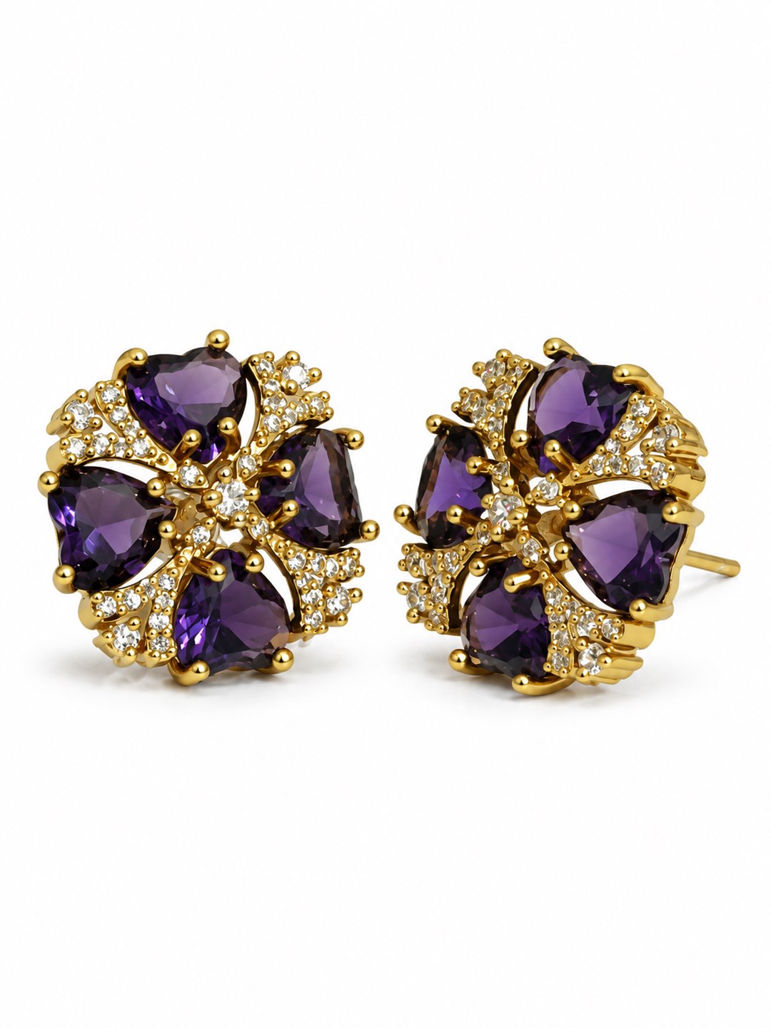 Purple Four Heart Floral Stud Earrings - Gold Plated