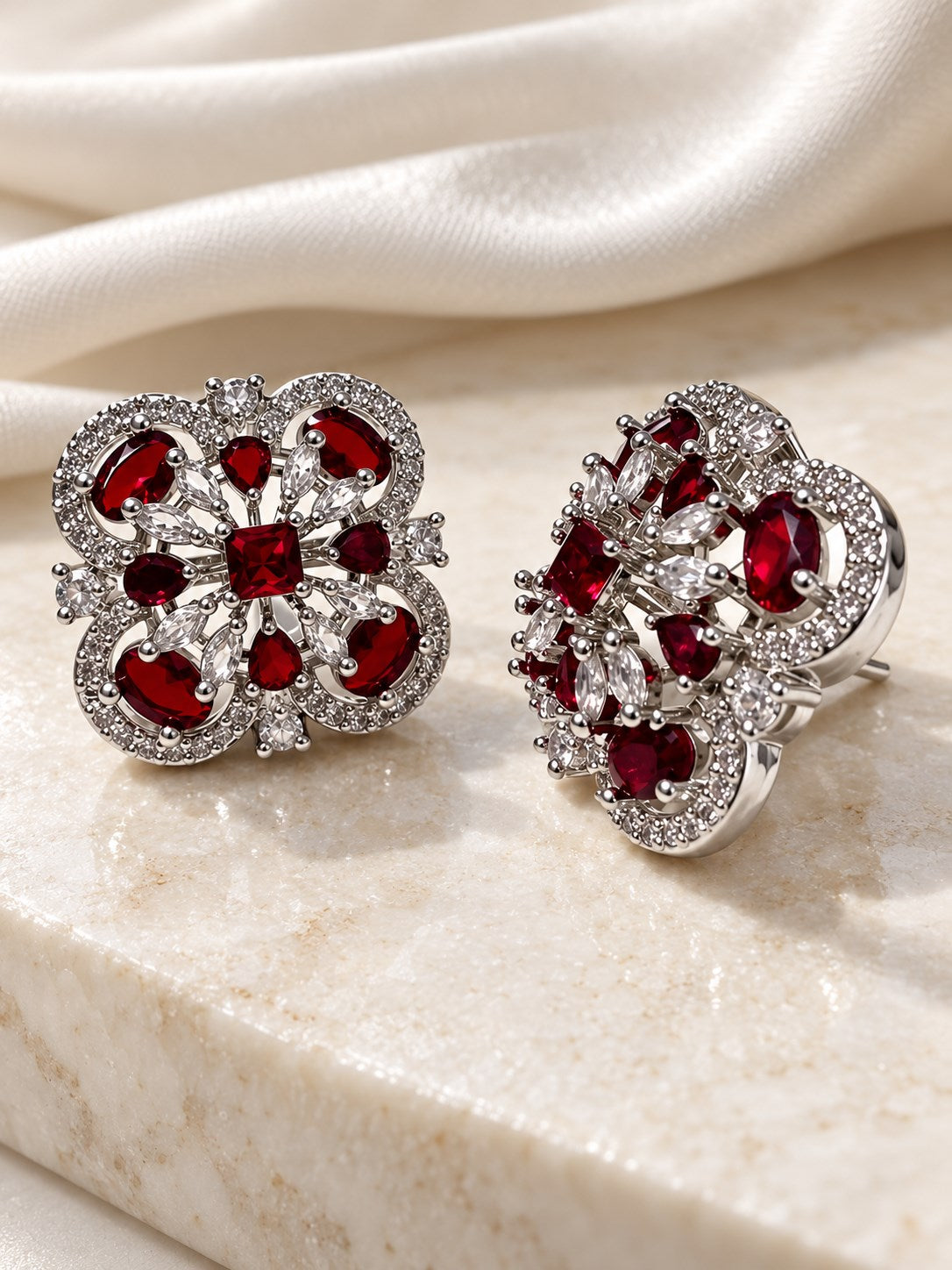 Red Scrollwork Floral Stud Earrings in silver plating