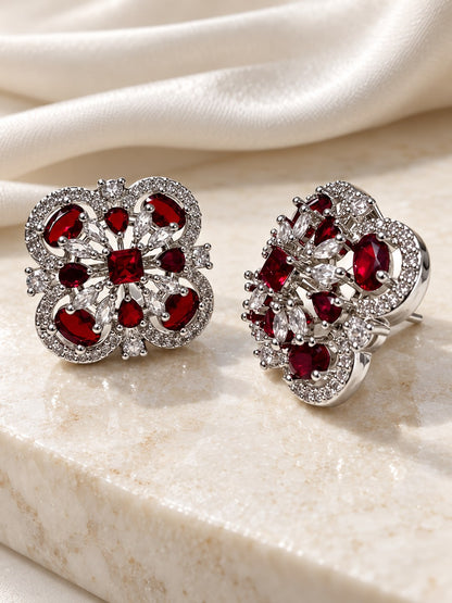 Red Scrollwork Floral Stud Earrings in silver plating