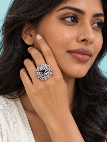 Blue Round Center Geometric Flower Ring - Silver Plated worn on hand - close-up
