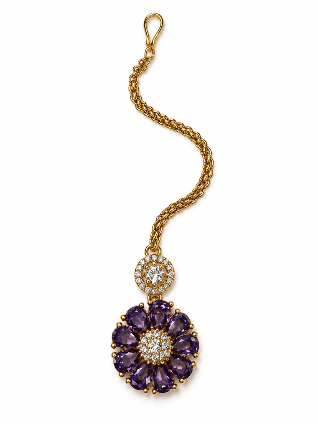 Purple Teardrop Floral Maang Tikka - Gold Plated, additional view 2