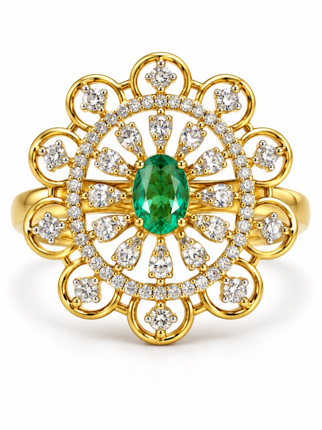 Green Center Stone Scalloped Floral Halo Ring - Gold Plated