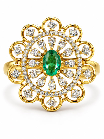 Green Center Stone Scalloped Floral Halo Ring - Gold Plated