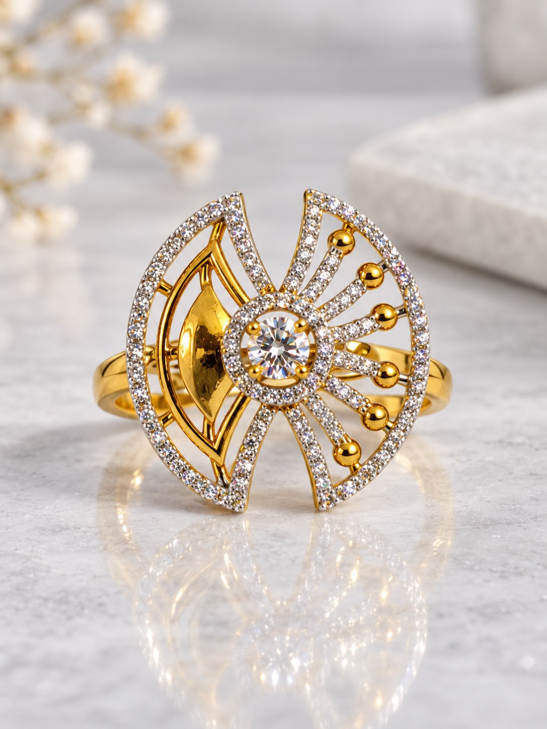 White Center Stone Fan Motif Ring - Gold Plated