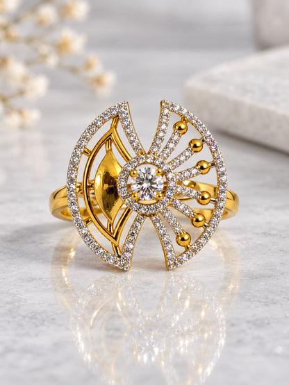 White Center Stone Fan Motif Ring - Gold Plated
