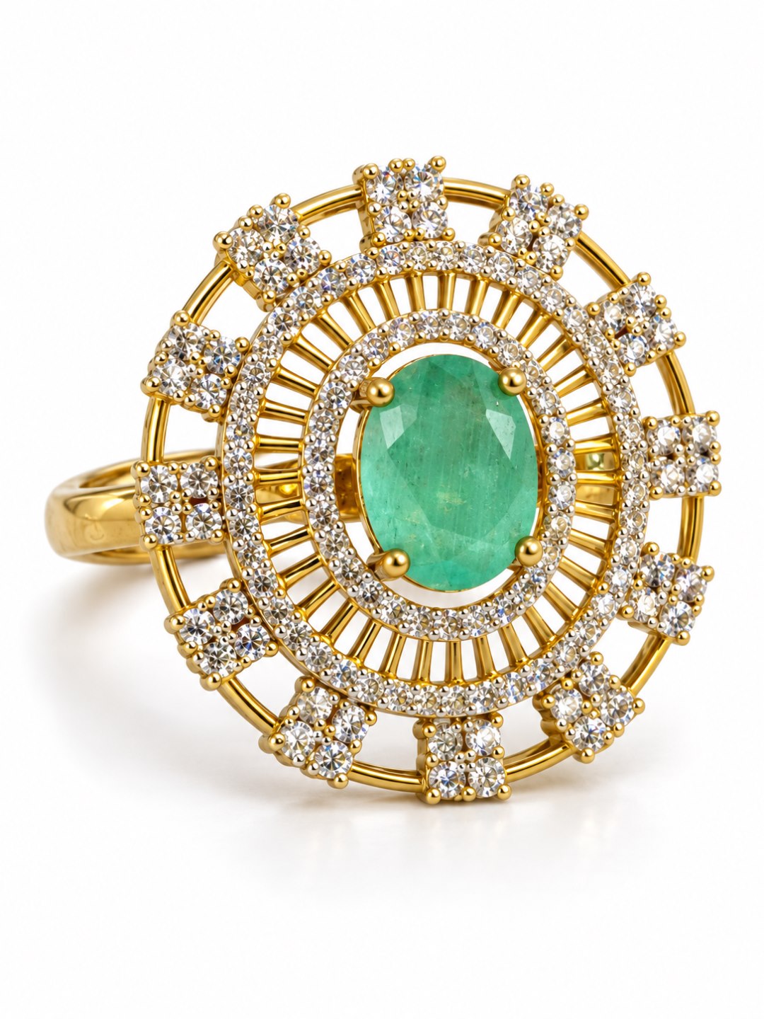 Sea Green Center Stone Baguette Halo Ring - Gold Plated