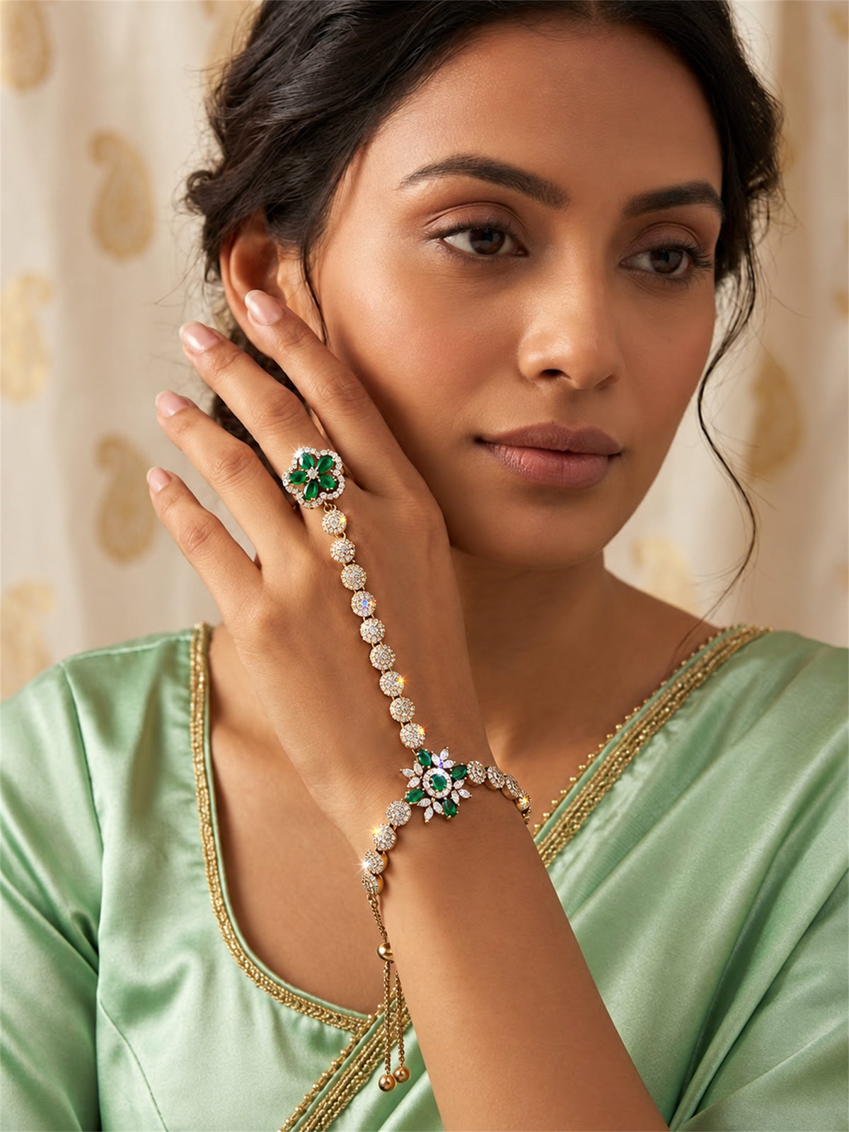 Green Floral Round-Stone Chain Hathphool - Mehndi Plated