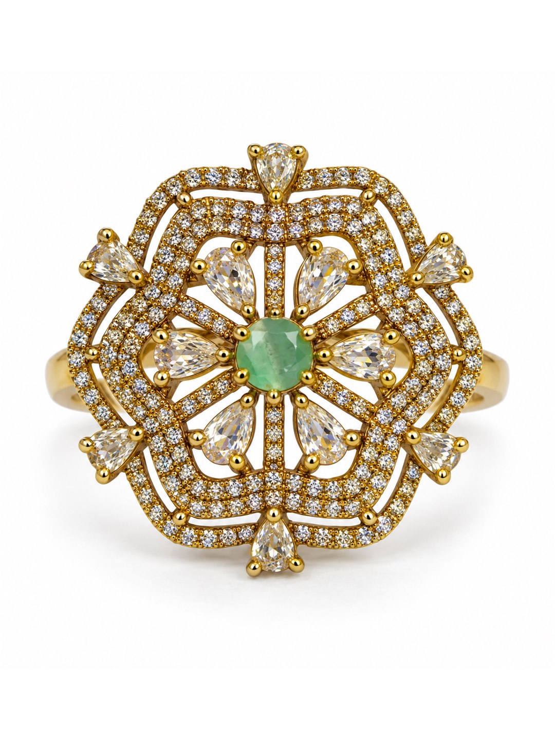 Mint Green Stone Scalloped Floral Halo Ring - Gold Plated, additional view 4