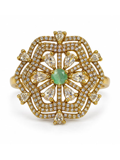Mint Green Stone Scalloped Floral Halo Ring - Gold Plated, additional view 4