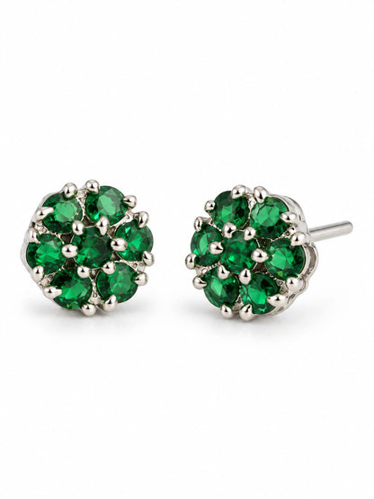 Green Stone Floral Cluster Stud Earrings, silver plated, alternate product view