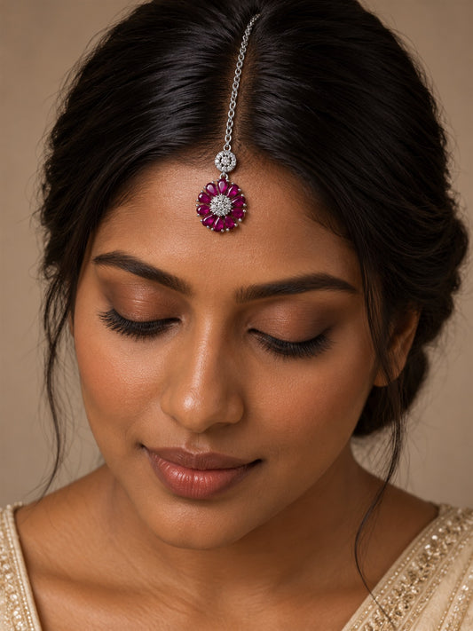 Magenta Teardrop Floral Maang Tikka - Silver Plated, model close-up