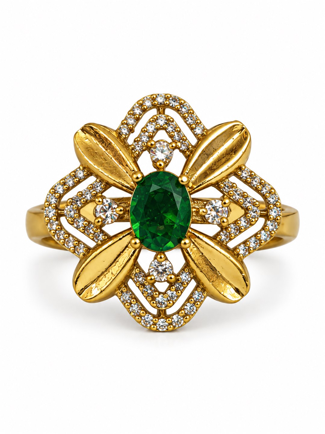 Green Stone Four Petal Floral Ring - Gold Plated, additional view 4